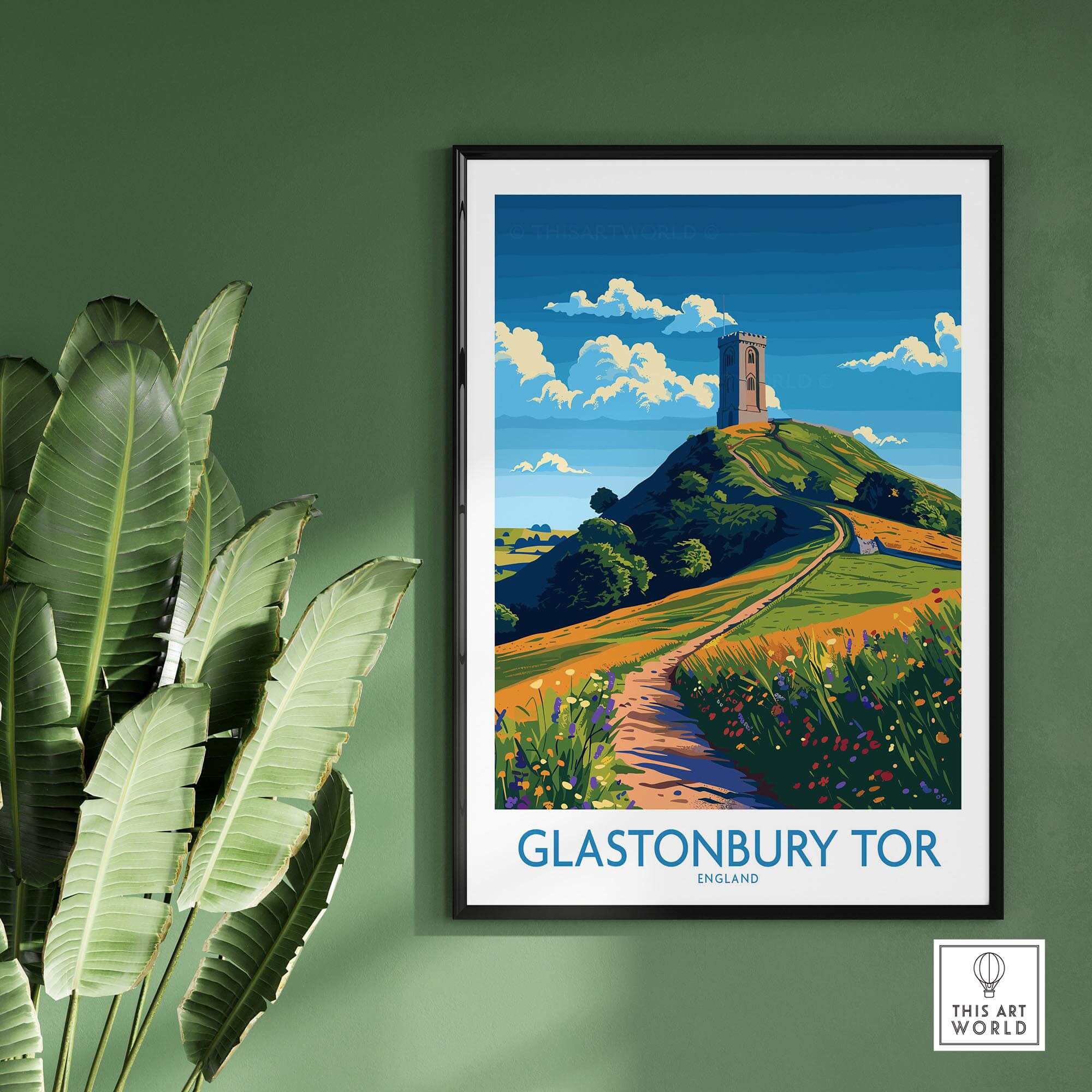 Glastonbury Tor Wall Art Print featuring a vibrant view of Glastonbury Tor, perfect for home decor.