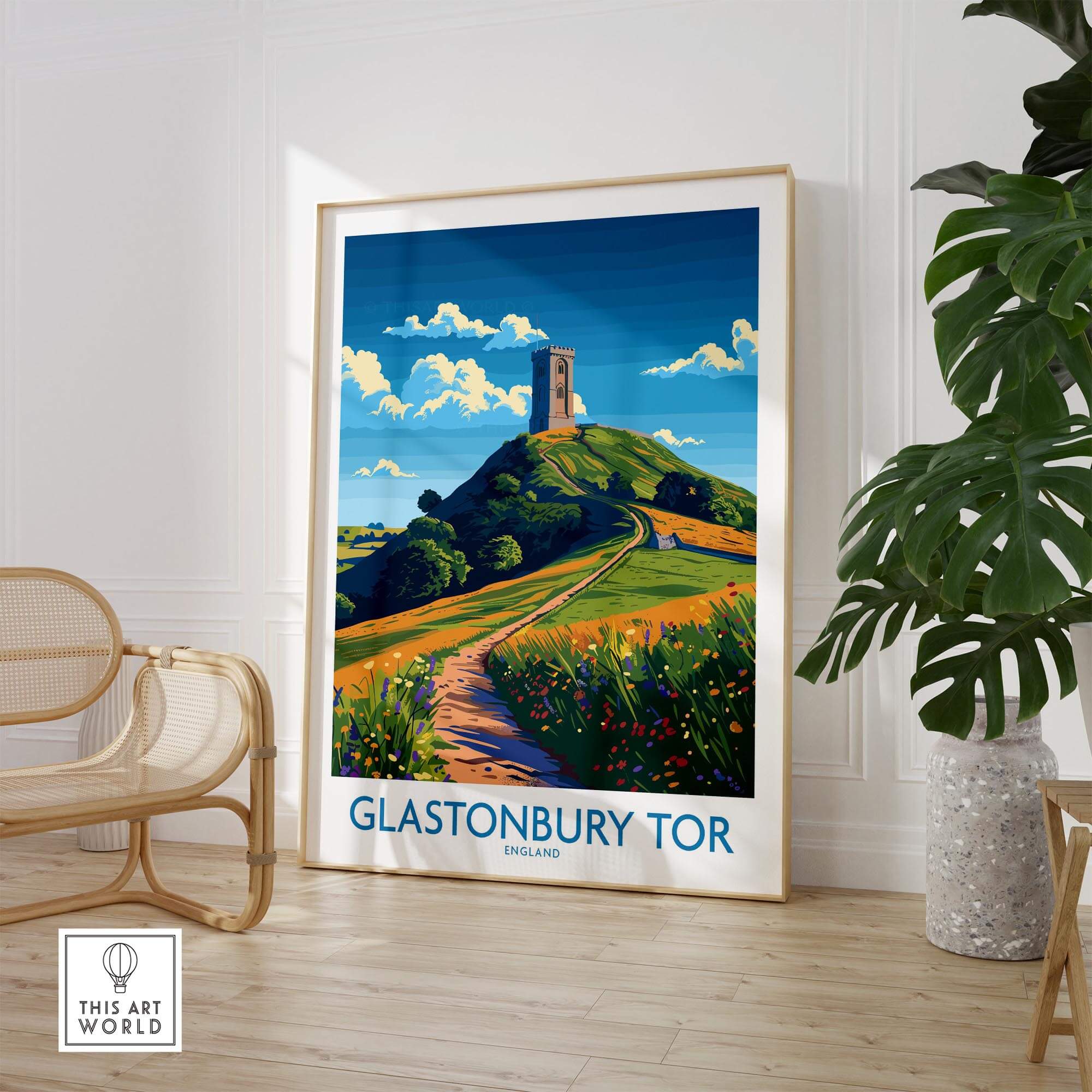 Glastonbury Tor Wall Art Print showcasing a vibrant illustration of Glastonbury Tor in England.