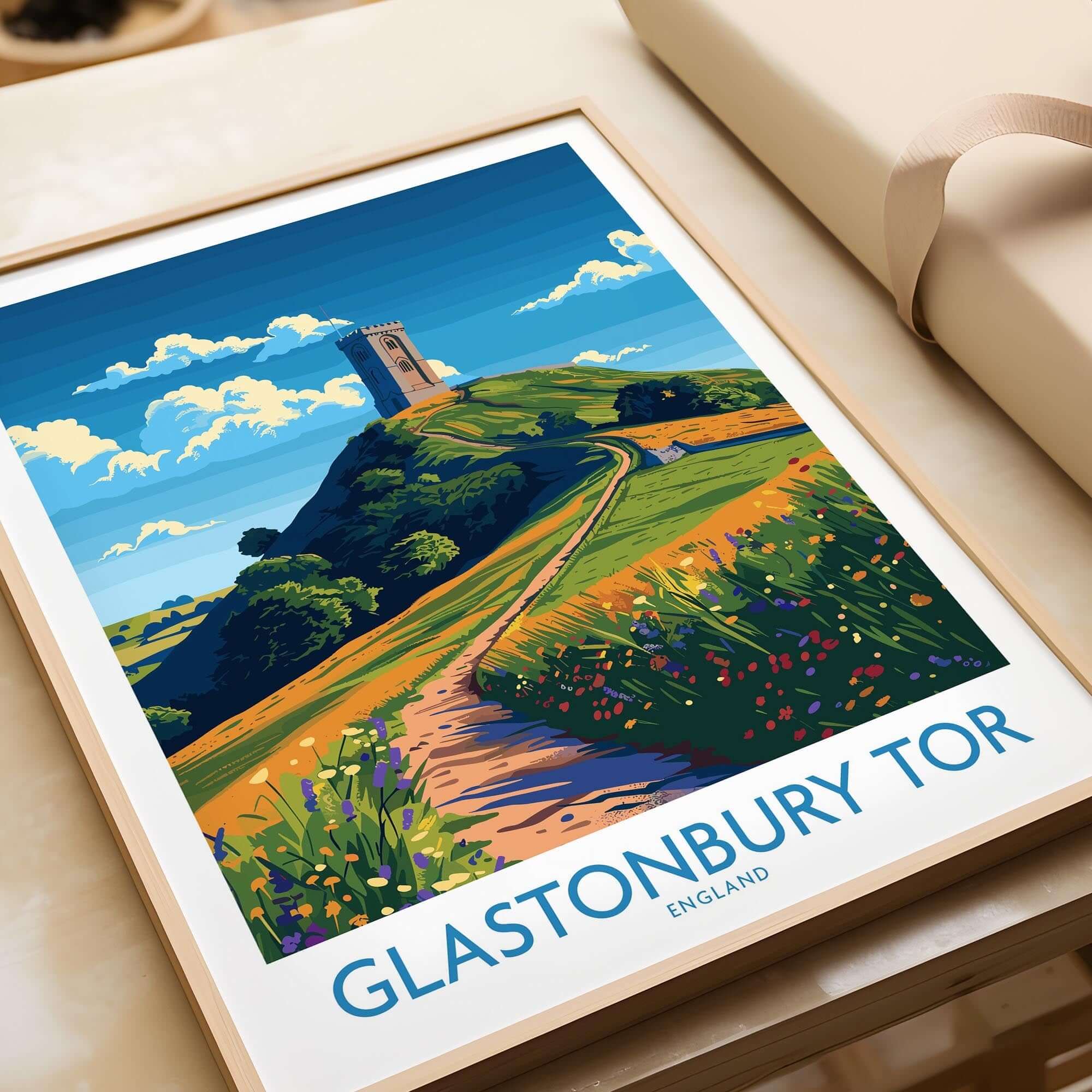 Glastonbury Tor Wall Art Print showcasing a vibrant landscape with the iconic hill in England.