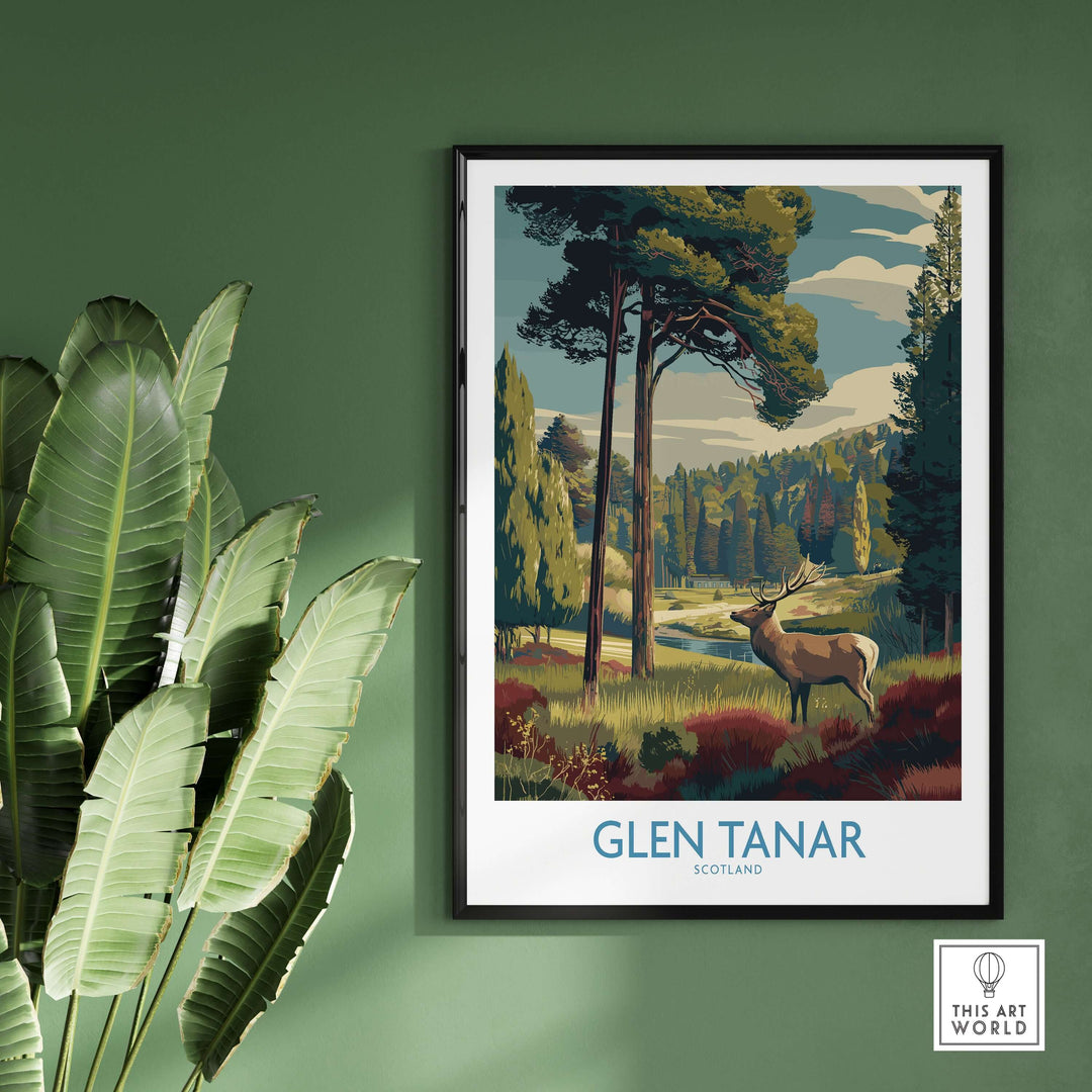 Glen Tanar art print featuring vibrant Scottish Highlands landscape with a deer, perfect for nature lovers and home decor.