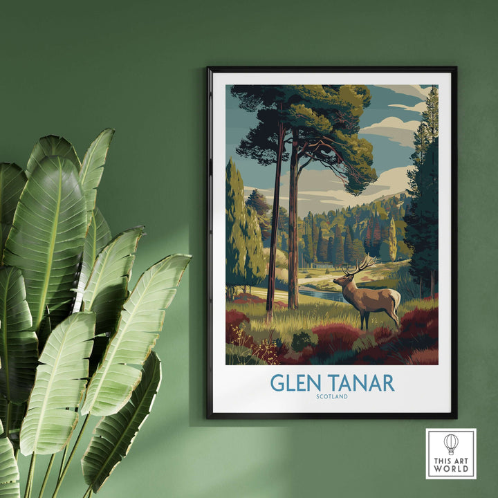 Glen Tanar art print featuring vibrant Scottish Highlands landscape with a deer, perfect for nature lovers and home decor.