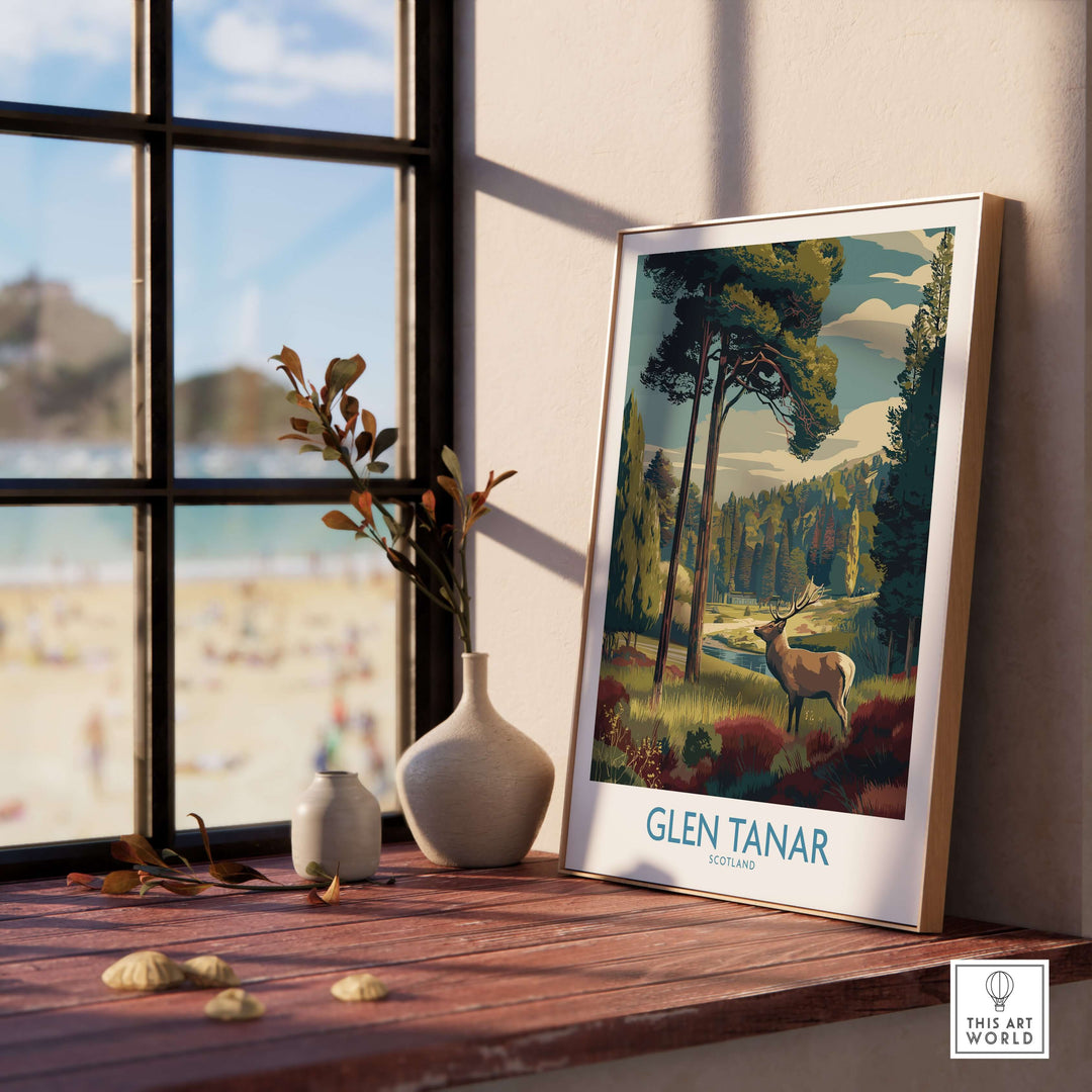 Glen Tanar art print featuring vibrant landscapes and a deer, ideal for nature lovers and Scottish Highlands decor.