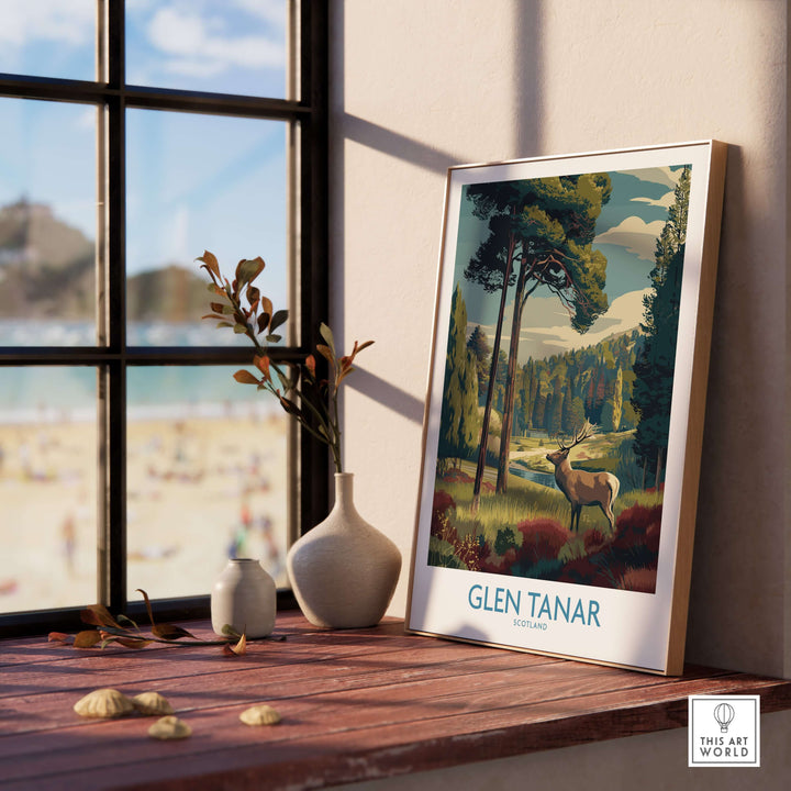 Glen Tanar art print featuring vibrant landscapes and a deer, ideal for nature lovers and Scottish Highlands decor.