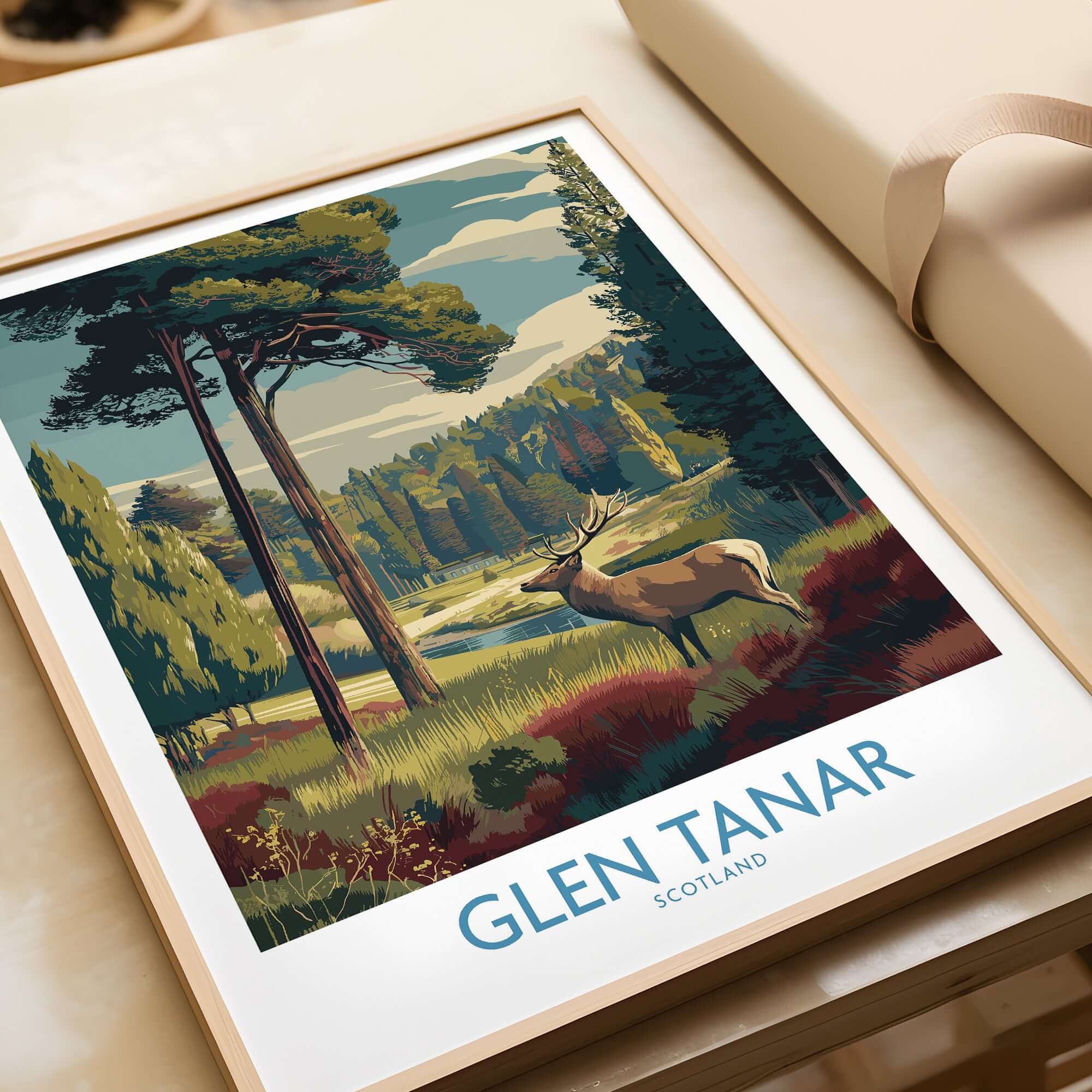 Glen Tanar Art Print showcasing vibrant Scottish landscapes with a majestic stag, perfect for nature lovers.