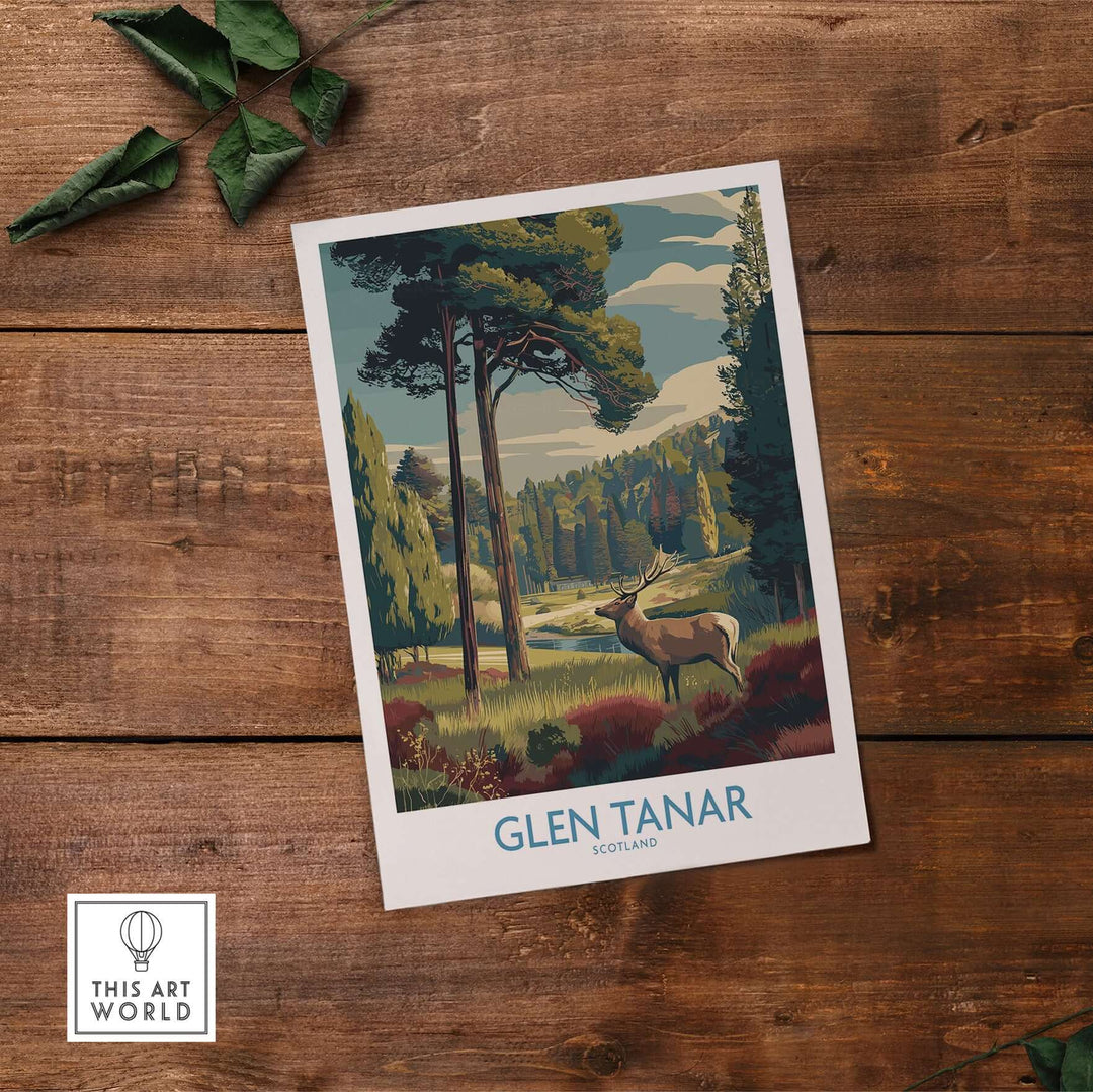 Glen Tanar art print featuring a serene landscape, vibrant colors, and a stag, perfect for nature lovers.