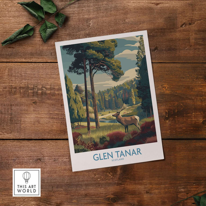 Glen Tanar art print featuring a serene landscape, vibrant colors, and a stag, perfect for nature lovers.