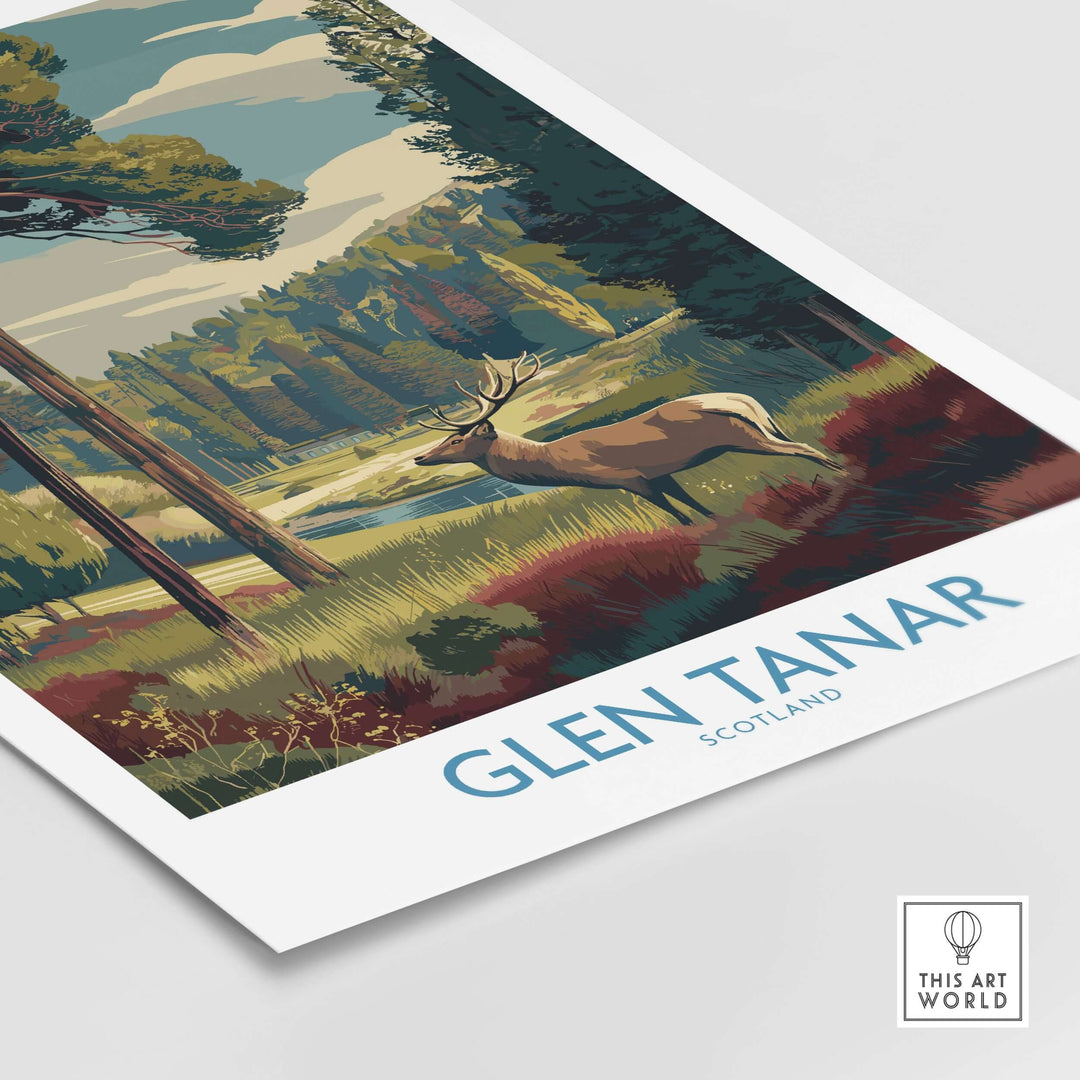 Glen Tanar art print featuring a scenic Scottish landscape with a deer. Perfect for nature lovers and home decor.