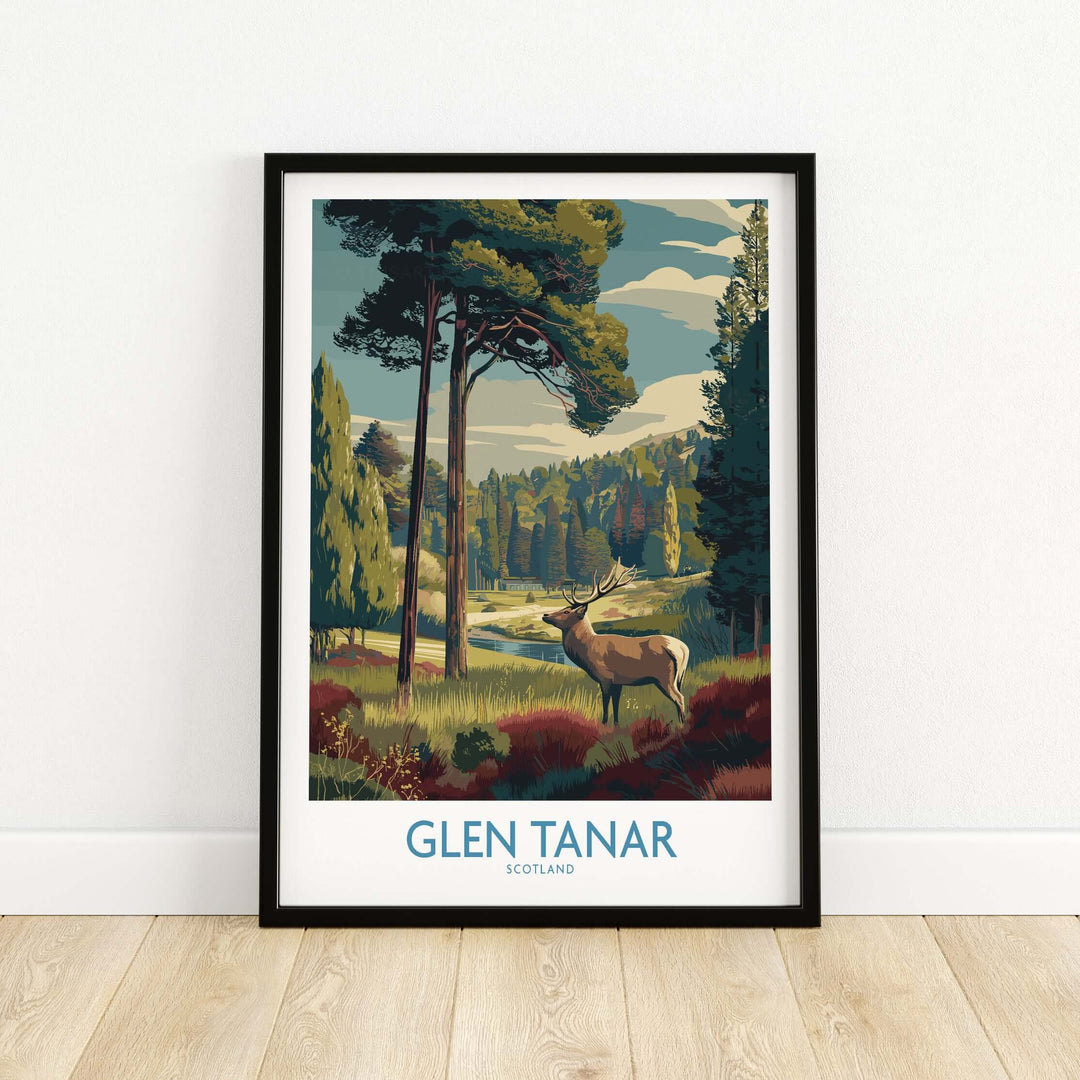 Glen Tanar art print featuring vibrant landscapes and a majestic stag in the Scottish Highlands.