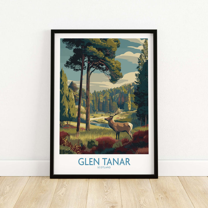 Glen Tanar art print featuring vibrant landscapes and a majestic stag in the Scottish Highlands.
