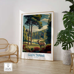 Glen Tanar Art Print featuring a serene landscape with a stag in Scotland, perfect for nature lovers.