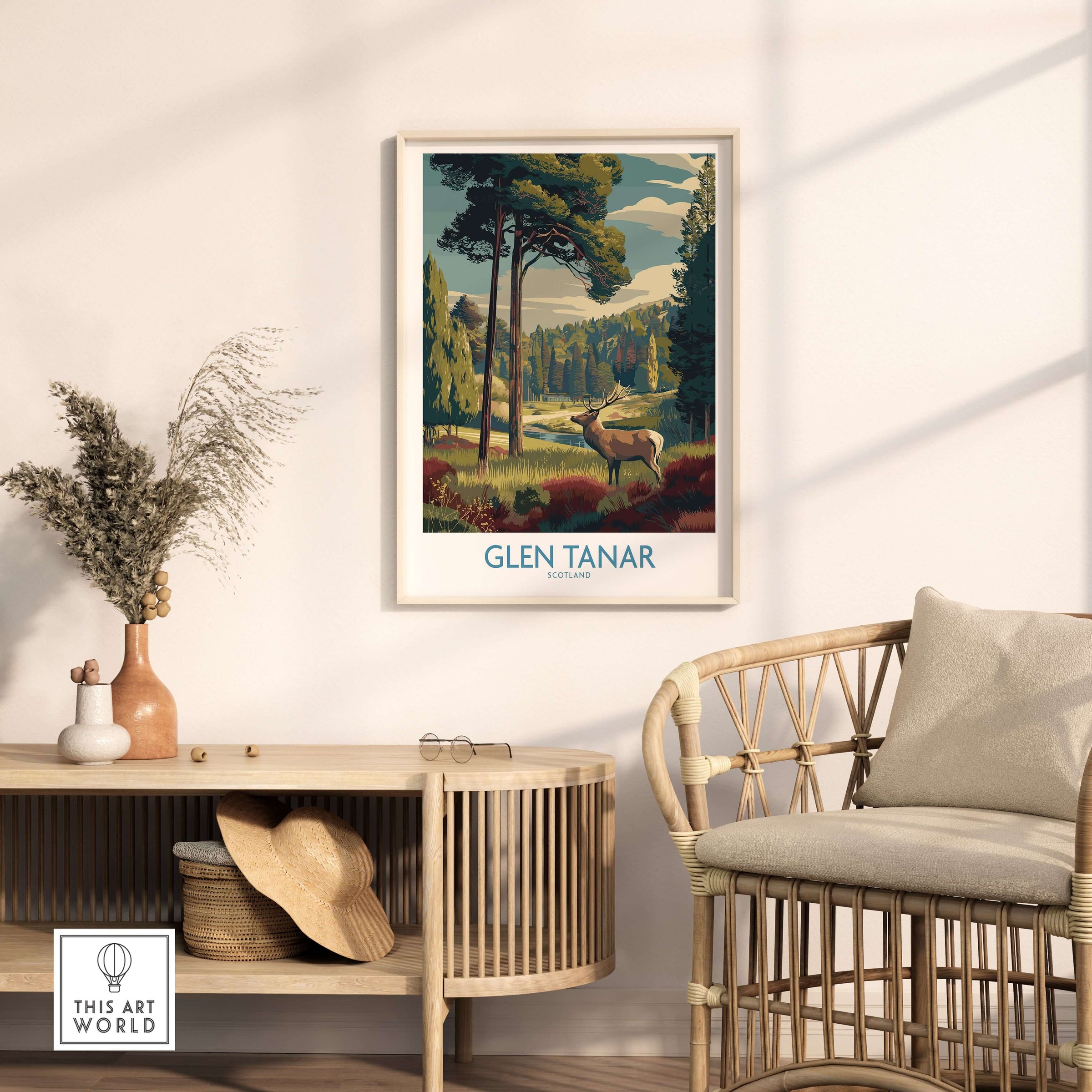 Glen Tanar Art Print featuring a serene landscape with a deer, perfect for nature lovers.