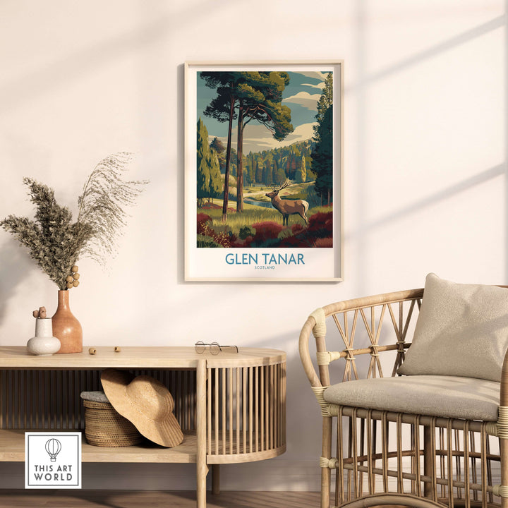Glen Tanar art print featuring vibrant Scottish Highlands landscape, displayed in a stylish home setting with natural decor.