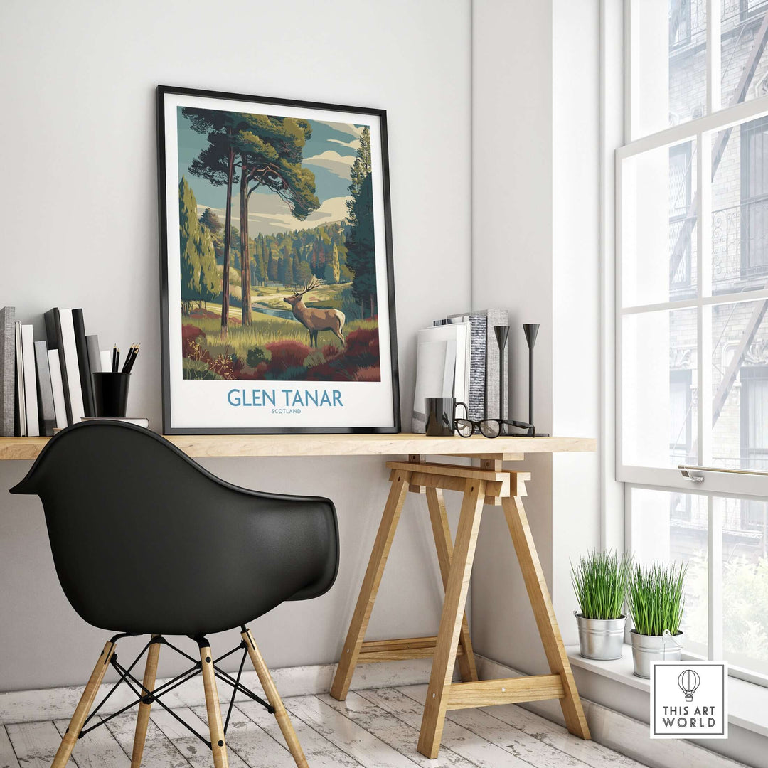 Glen Tanar art print displayed in a modern office setting, showcasing vibrant landscapes of the Scottish Highlands.