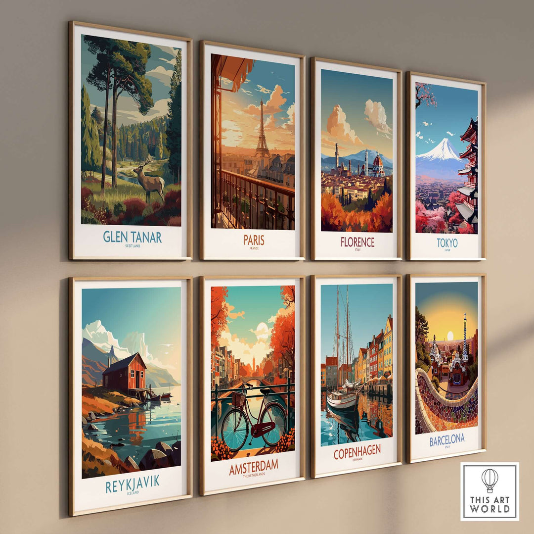 Gallery wall featuring vibrant city and nature art prints including Glen Tanar, Paris, Florence, Tokyo, and more.