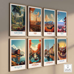 Glen Tanar Art Print showcasing vibrant landscapes among other city posters on a modern wall display.