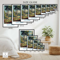 Glen Tanar Art Print size guide showcasing various sizes and framed options in a home setting.