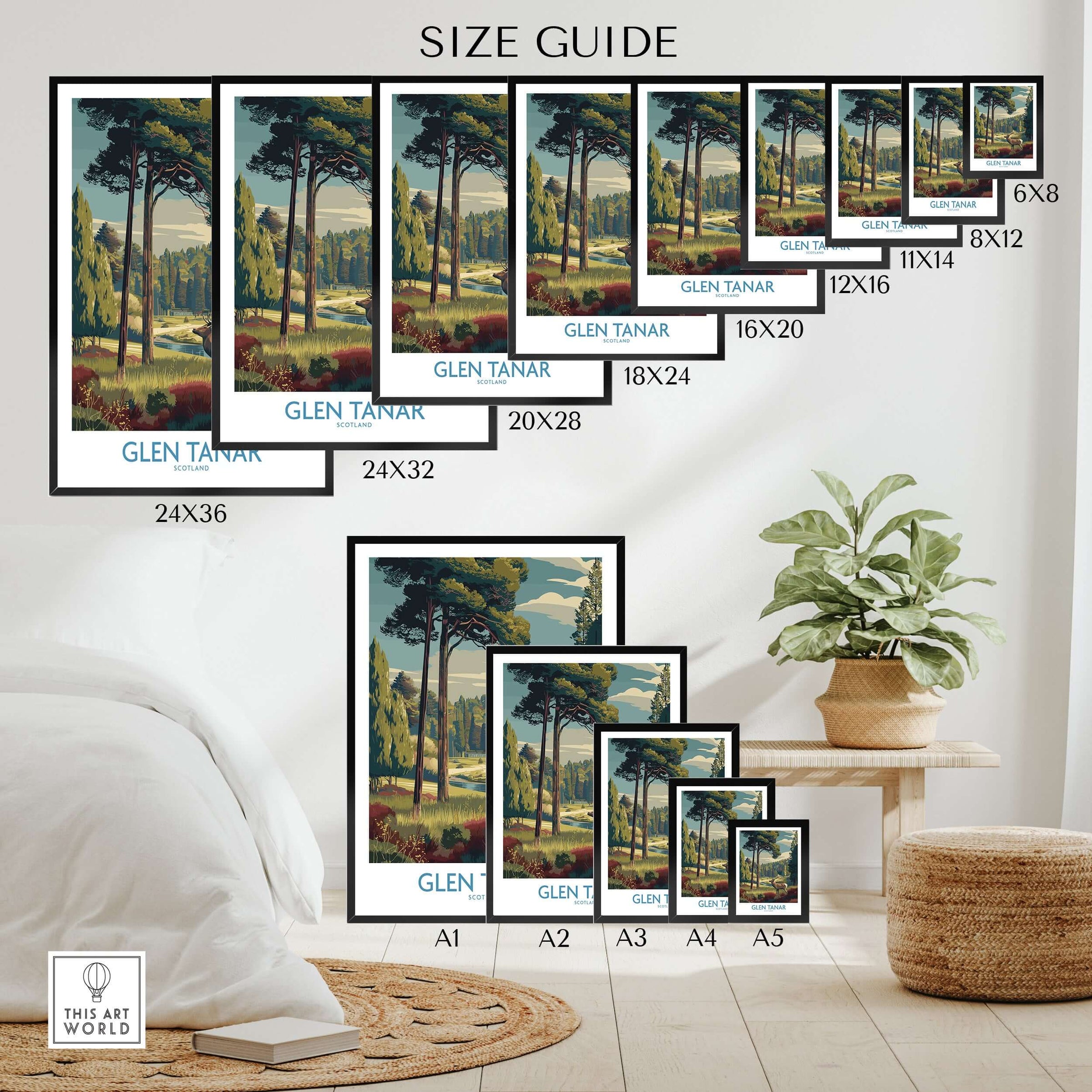 Glen Tanar Art Print size guide showcasing various sizes and framed options in a home setting.