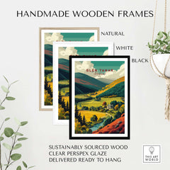 Glen Tanar Travel Print framed in handmade wooden frames in natural, white, and black options.