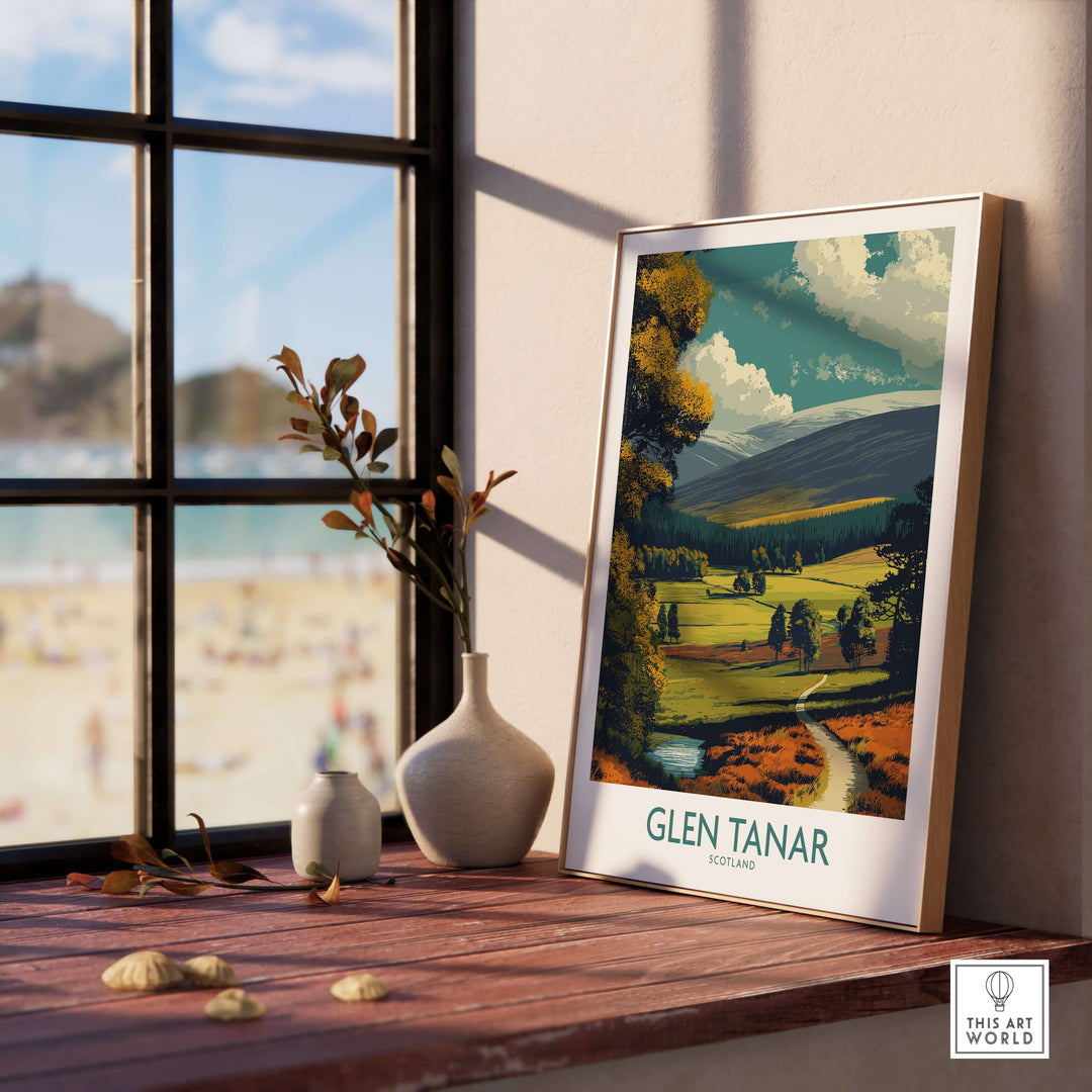 Glen Tanar poster featuring scenic landscapes of Scotland, displayed in a bright room with natural light.