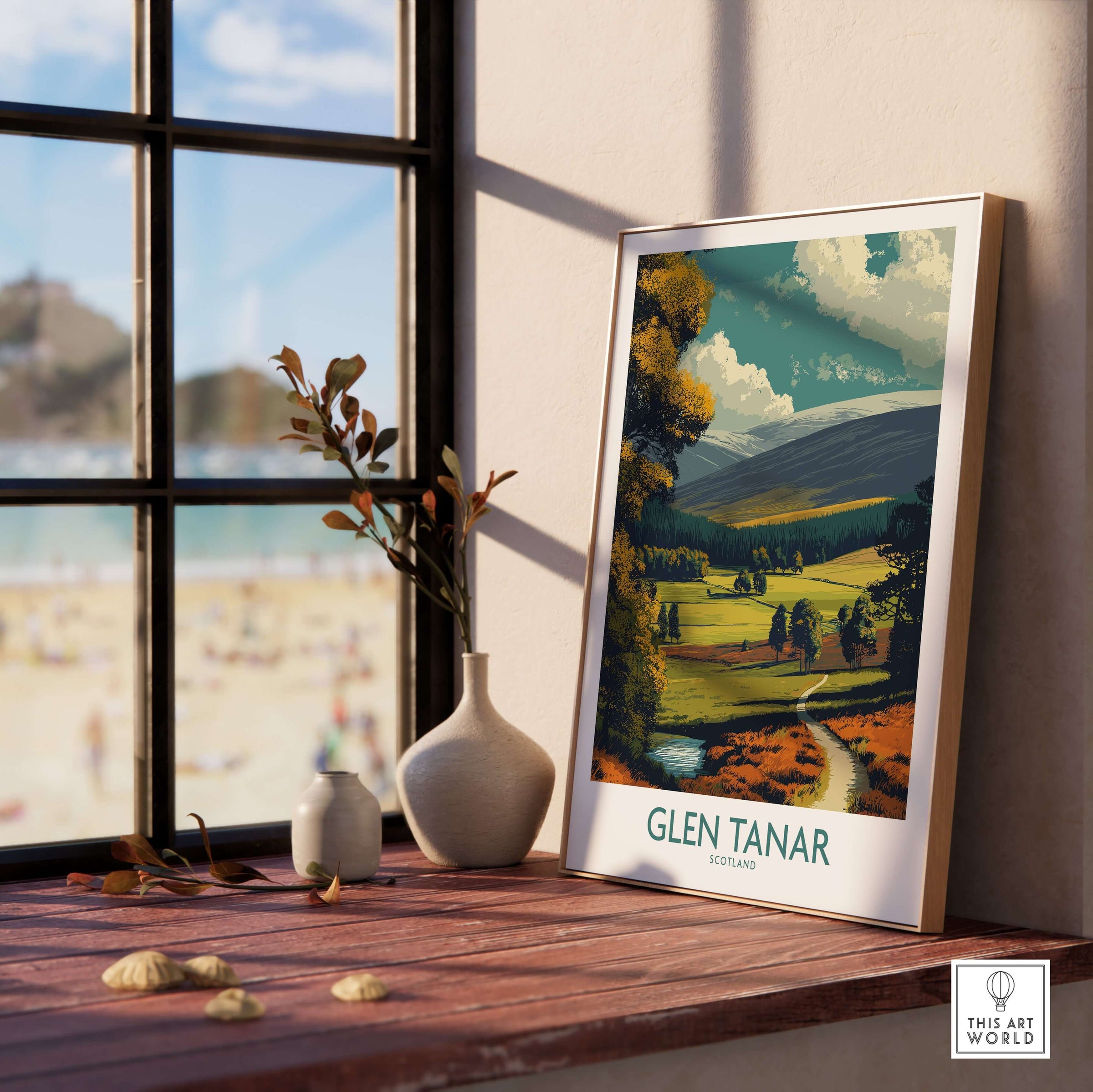 Glen Tanar Poster Scotland displayed indoors near a window, showcasing scenic views of Glen Tanar Valley.