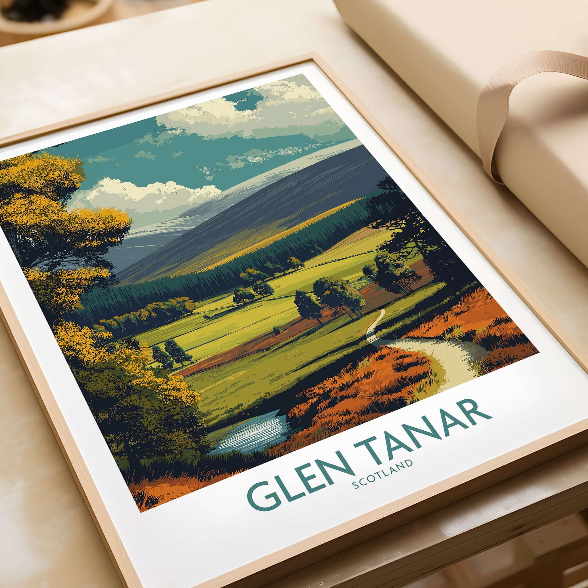 Glen Tanar Poster Scotland showcasing the picturesque Glen Tanar Valley and vibrant landscape of Scotland.