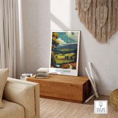 Glen Tanar Poster Scotland displayed in a cozy living room setting, showcasing picturesque Scottish landscapes.