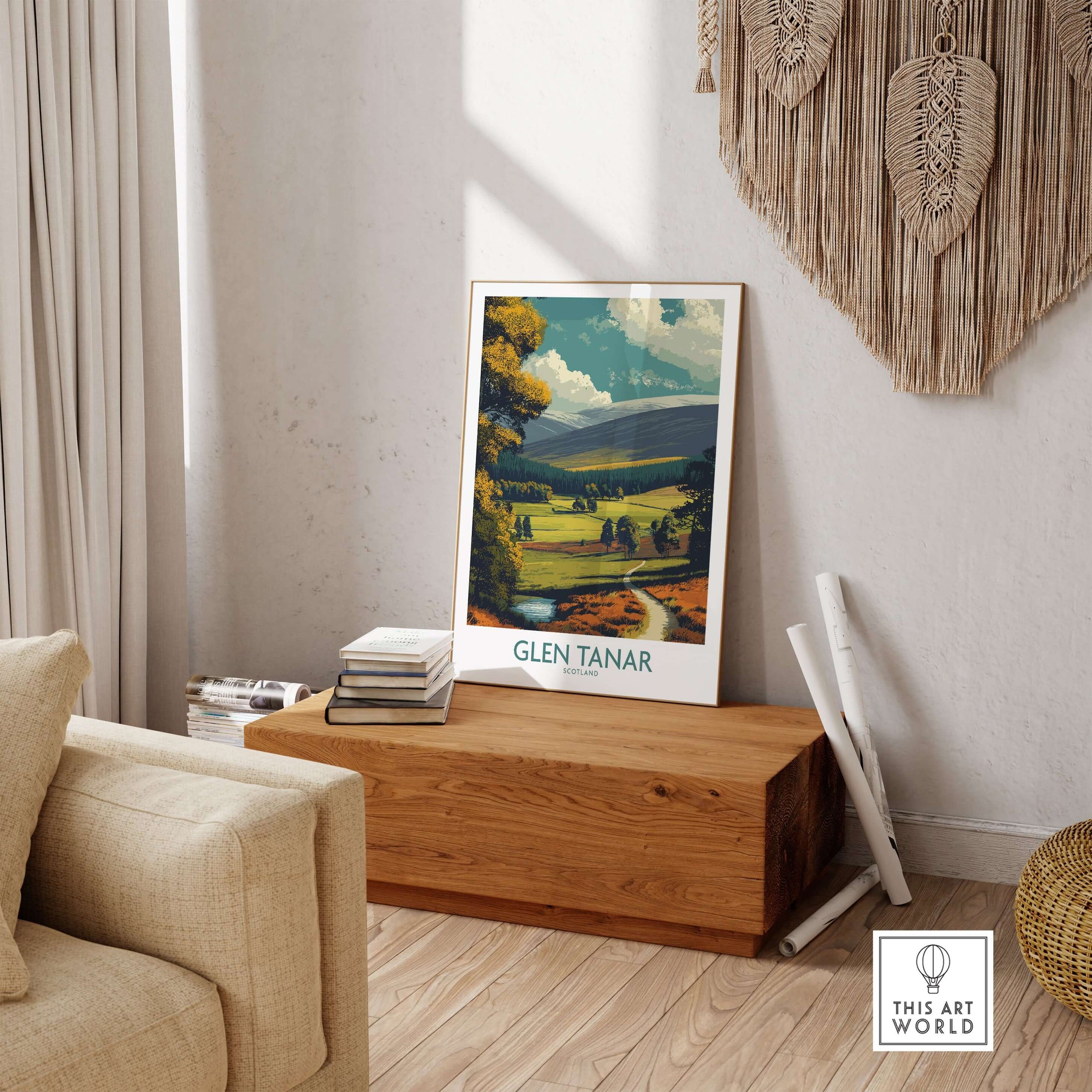 Glen Tanar Poster Scotland displayed in a cozy living room setting, showcasing picturesque Scottish landscapes.