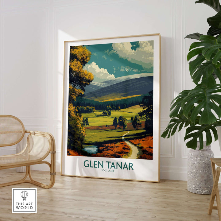 Glen Tanar Poster showcasing stunning Scottish landscape, capturing the beauty of Glen Tanar Valley in a stylish home setting.