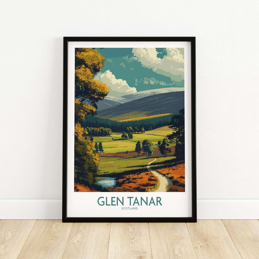 Glen Tanar poster featuring stunning landscapes of Scotland with vibrant colors and scenic beauty.