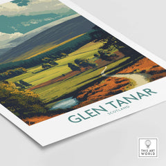 Glen Tanar Poster Scotland showcasing the stunning scenery of Glen Tanar Valley in a vibrant artistic style.