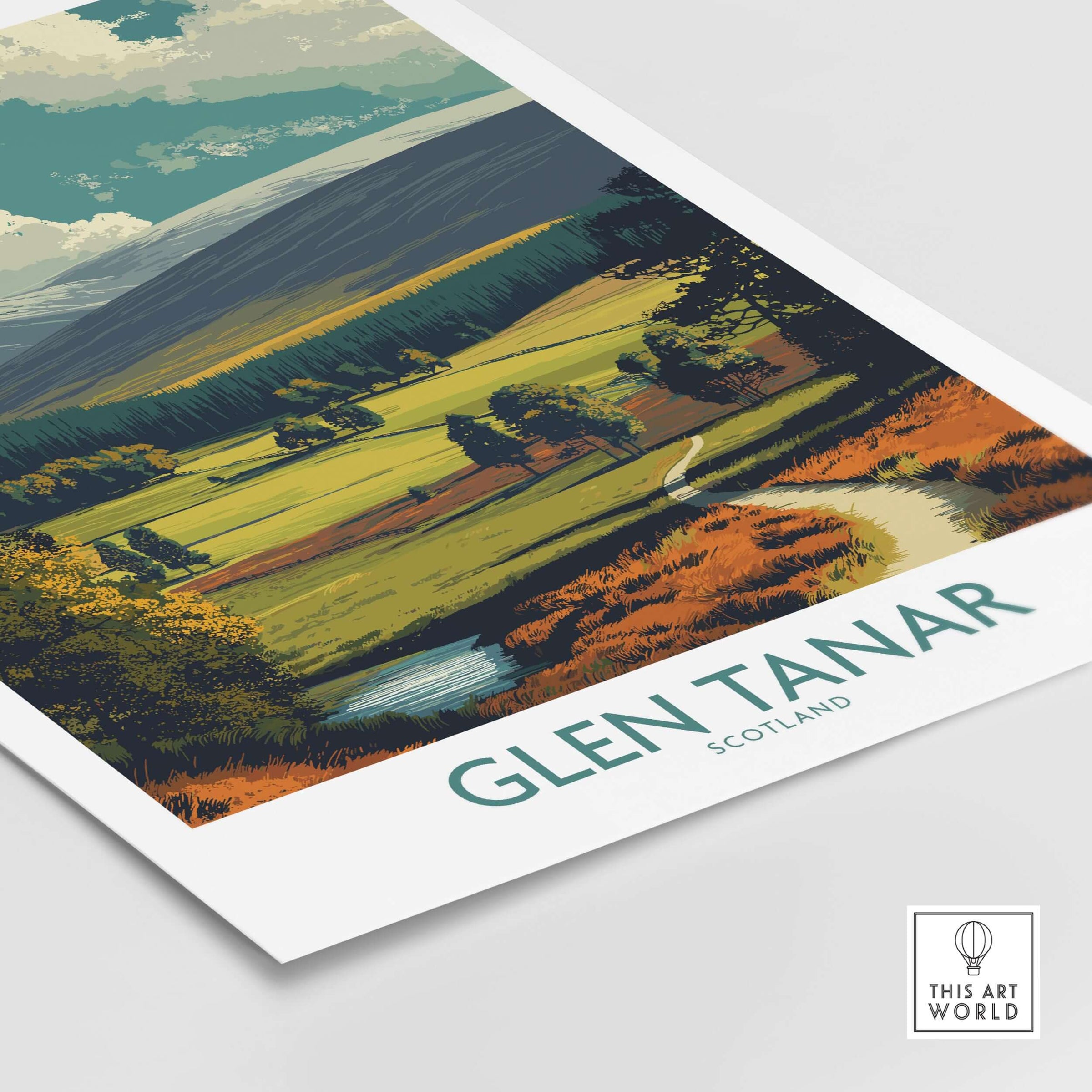 Glen Tanar Poster Scotland showcasing the stunning scenery of Glen Tanar Valley in a vibrant artistic style.