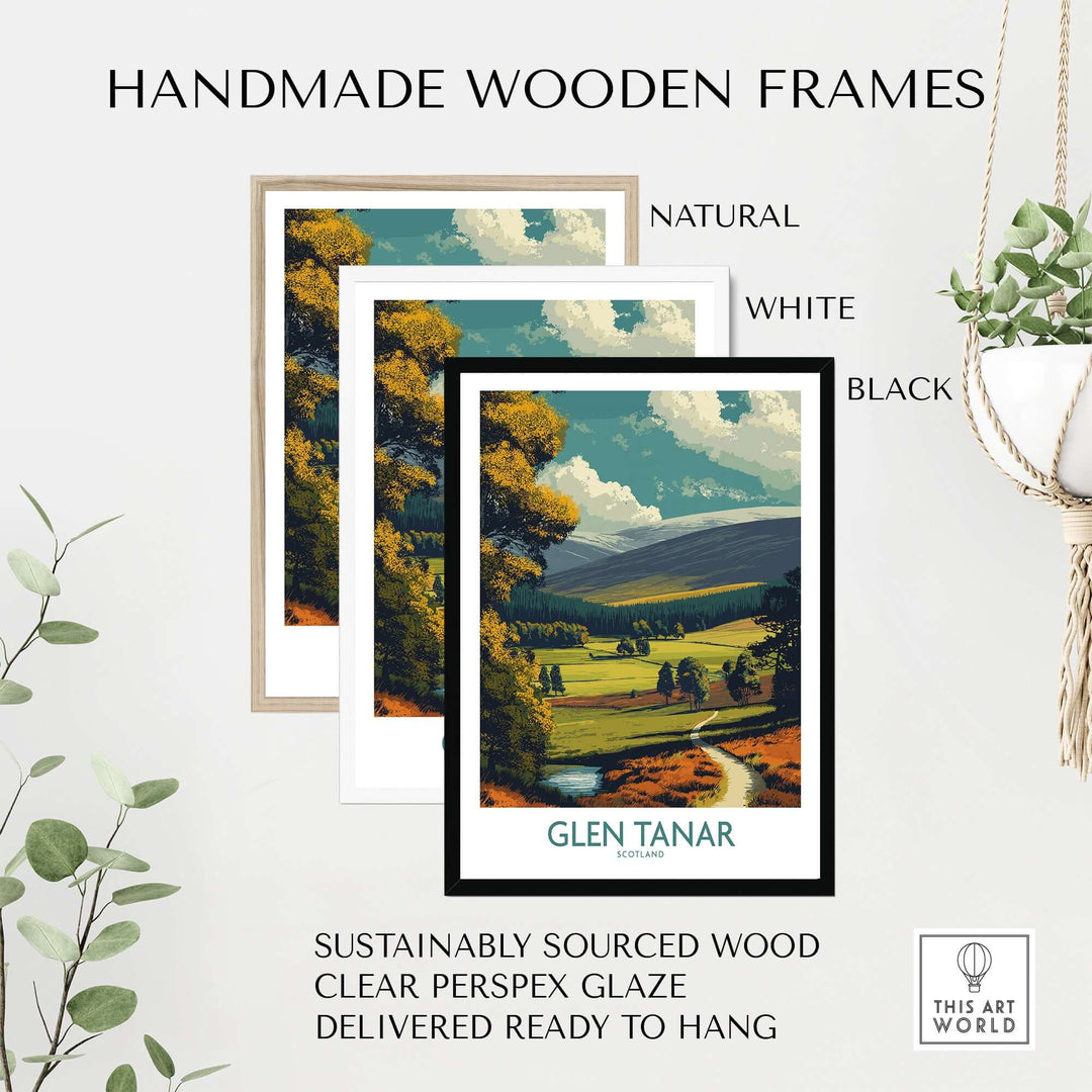 Handmade wooden frames in natural, white, and black for Glen Tanar poster, featuring sustainably sourced wood and clear perspex glaze.