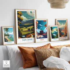 Glen Tanar Poster Scotland displayed among other travel posters in a stylish home setting.