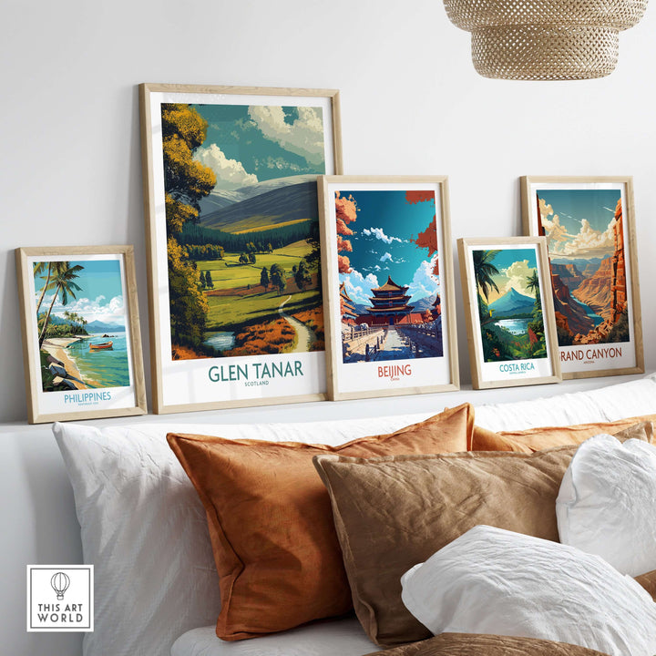 Glen Tanar poster among other framed travel prints showcasing stunning global landscapes.