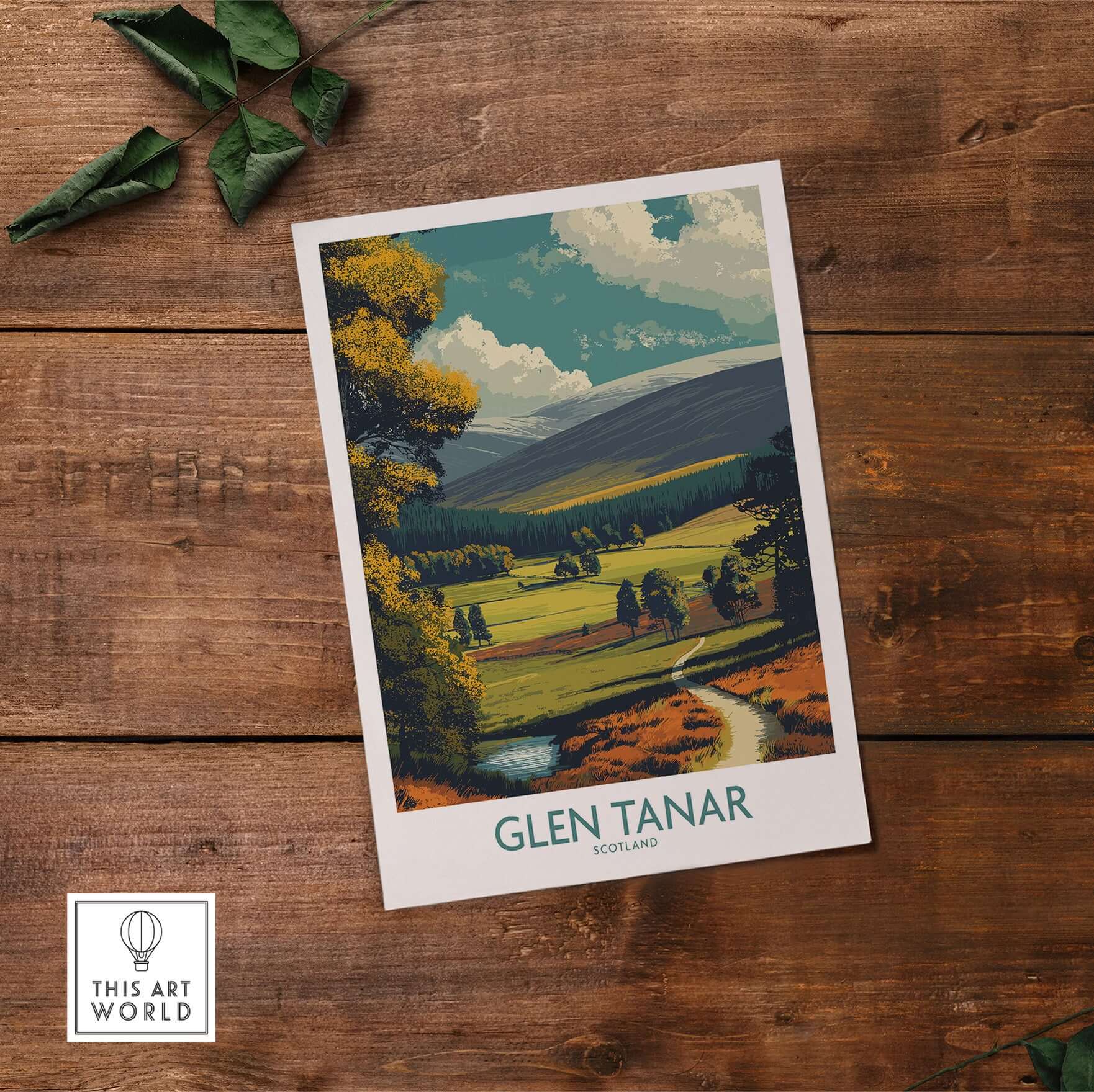 Glen Tanar Poster Scotland showcasing the scenic beauty of Glen Tanar Valley in a vibrant, artistic design.