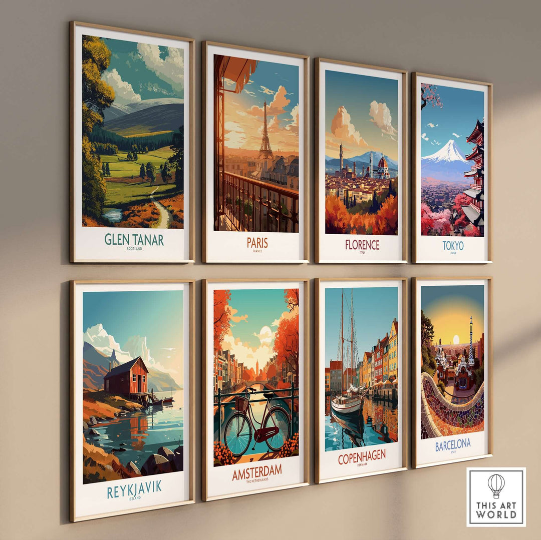 Gallery wall featuring travel posters: Glen Tanar, Paris, Florence, Tokyo, Reykjavik, Amsterdam, Copenhagen, Barcelona.