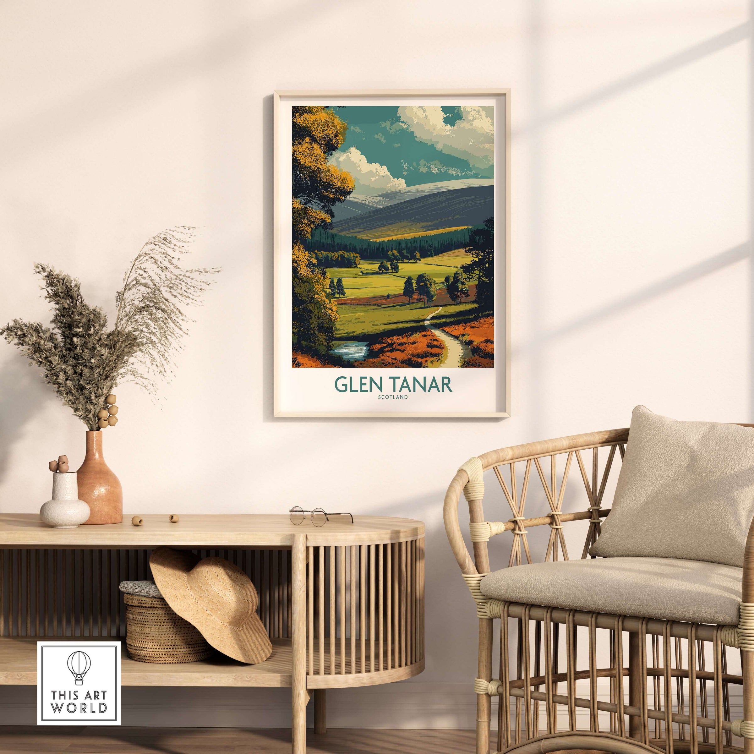 Glen Tanar Poster Scotland showcasing vibrant scenery of Glen Tanar Valley in a stylish home setting.