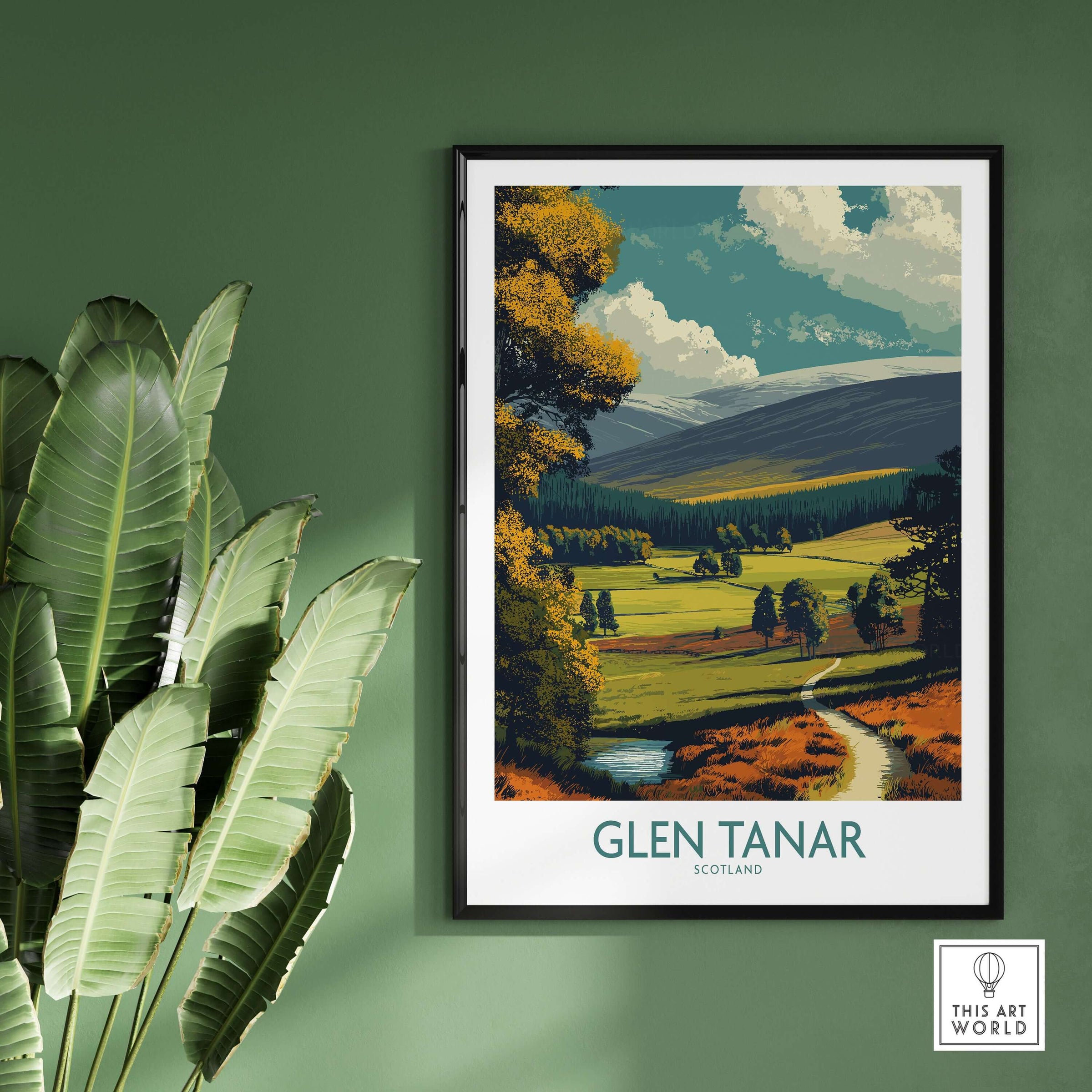 Glen Tanar Poster Scotland featuring stunning scenery of the Glen Tanar Valley in a modern frame against green wall.