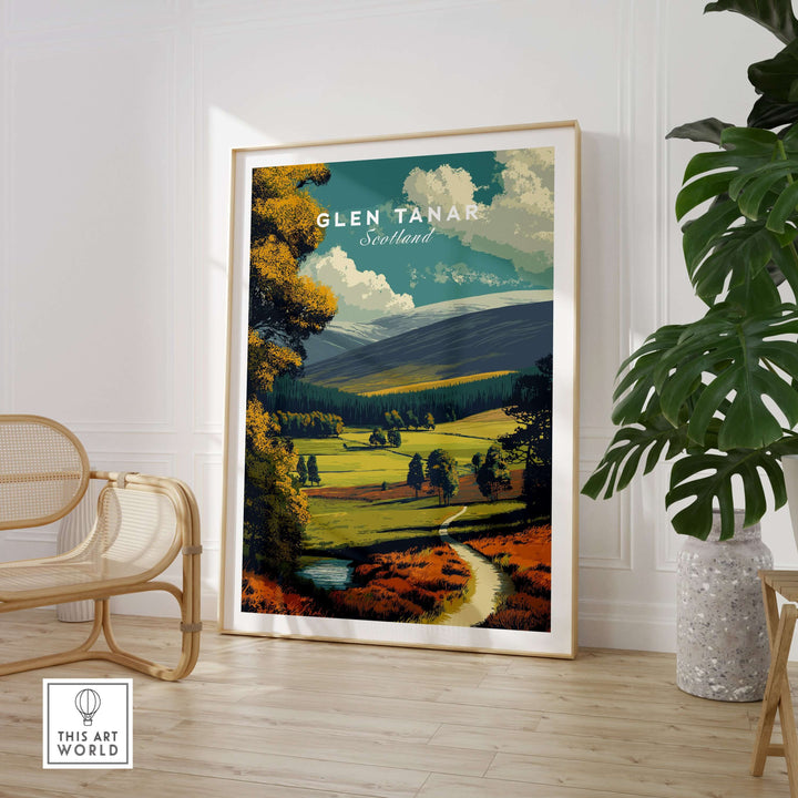 Glen Tanar print showcasing Scotland's stunning landscapes, perfect for home decor in a modern living space.