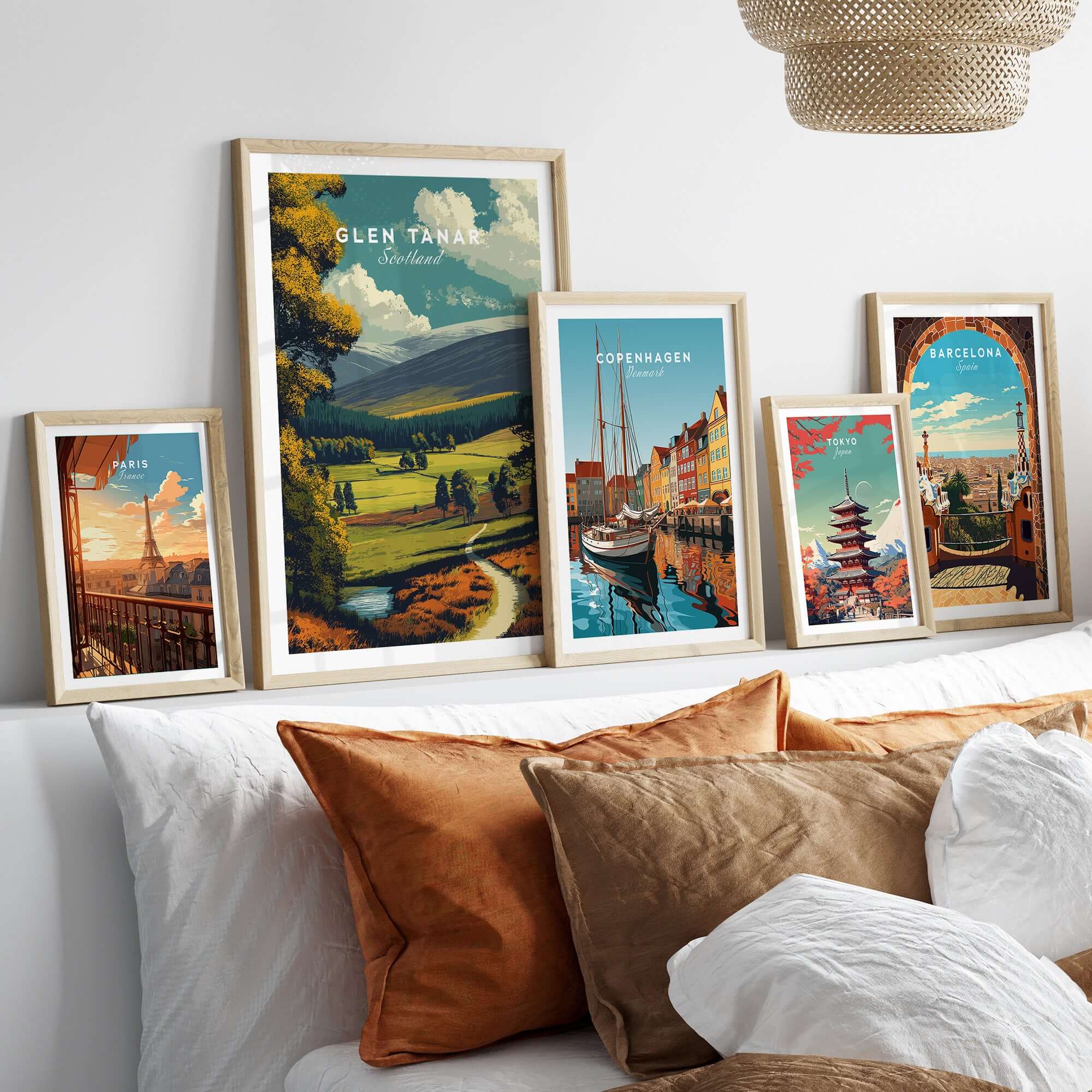 Glen Tanar Print Scotland displayed among various travel posters, showcasing beautiful landscapes and cityscapes.