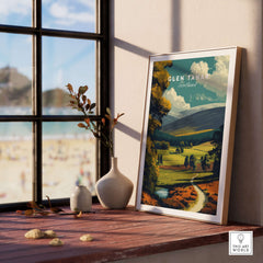 Glen Tanar Print Scotland displayed on a wooden table, showcasing Scotland's stunning landscapes and home decor appeal.