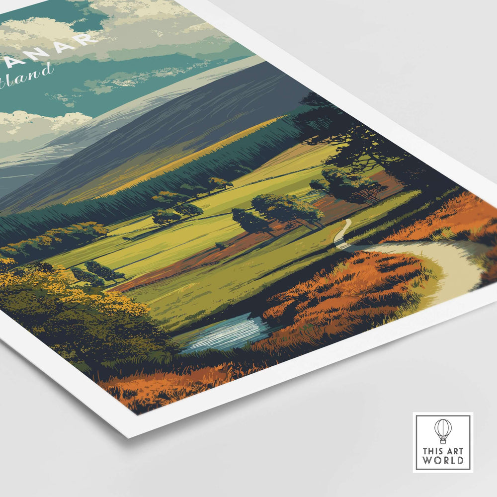 Glen Tanar print showcasing vibrant Scottish landscapes with rolling hills and tranquil streams for home decor.