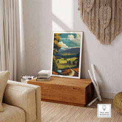 Glen Tanar Print Scotland displayed in a cozy living room highlighting Scotland's stunning landscapes.
