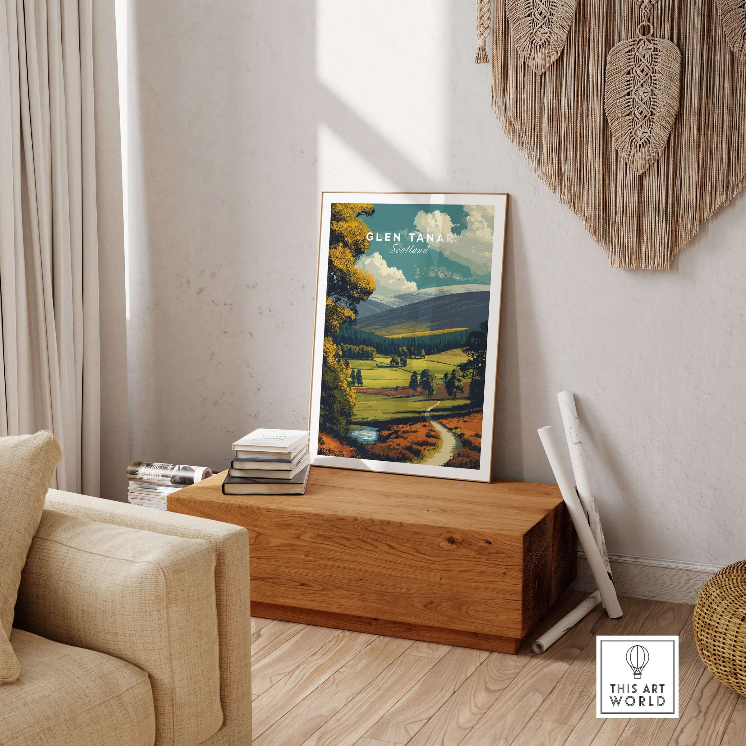Glen Tanar Print Scotland displayed in a cozy living room highlighting Scotland's stunning landscapes.