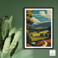 Glen Tanar Print Scotland displayed on a green wall, showcasing Scotland's landscape and essence.