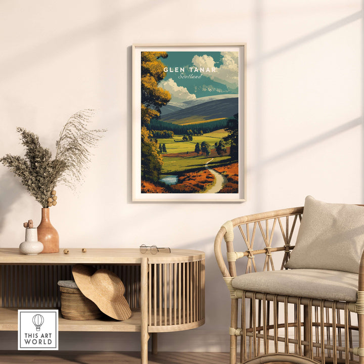 Glen Tanar Scotland print displayed in a stylish living room, showcasing vibrant landscapes and natural beauty.