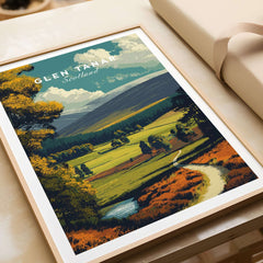 Glen Tanar Print Scotland showcasing a vibrant landscape of Scotland with hills and a winding path.