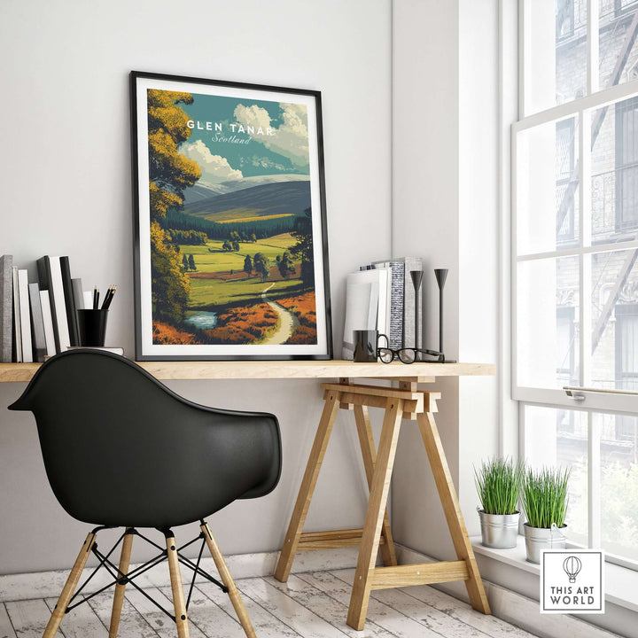 Glen Tanar print showcasing Scotland's landscapes in a stylish home office setting.