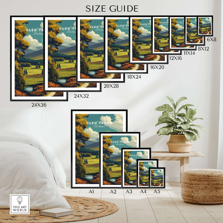 Size guide for Glen Tanar prints showcasing various frame sizes against a stylish home decor background.