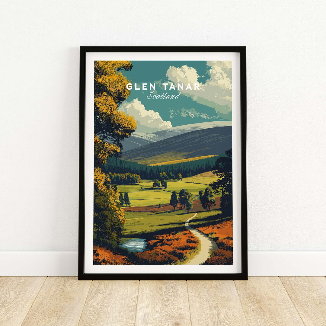 Glen Tanar print showcasing a scenic Scottish landscape with hills, trees, and a winding path, ideal for home decor.